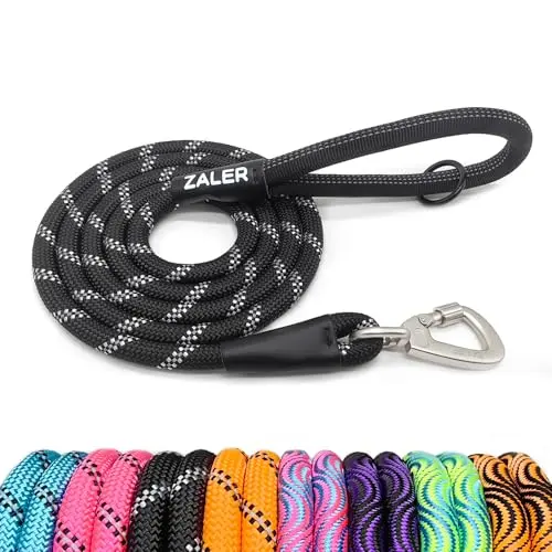 ZALER black reflective rope dog leash with screw lock carabiner