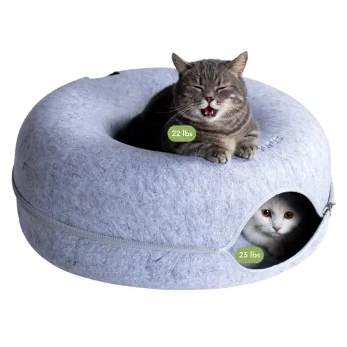 Cattasaurus light gray cat cave with tunnel and donut bed for large cats