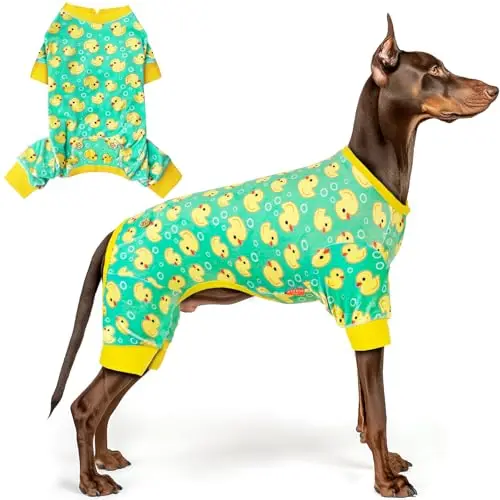 KYEESE yellow duck velvet dog pajamas on a large dog