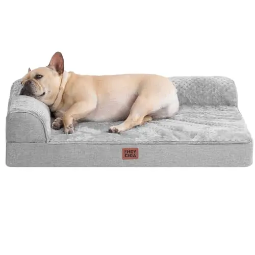 EHEYCIGA grey L-shaped orthopedic dog bed with removable cover in a metal crate.
