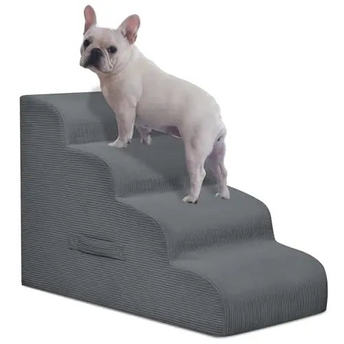 Mesa Lemon grey waterproof dog stairs with a corduroy cover.