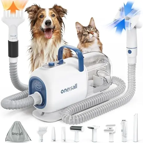 Oneisall blue dog grooming vacuum, dryer, and clipper kit with multiple attachments