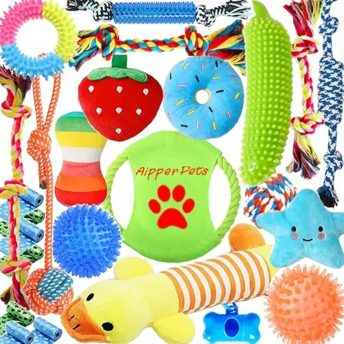 Aipper 25-pack of assorted dog toys including plush, balls, and ropes