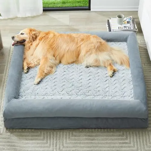 WNPETHOME XL Dog Bed with grey velvet cover, chevron pattern, and bolster sides