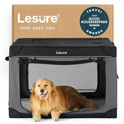 Lesure soft collapsible dog crate in black with reflective strips and mesh windows