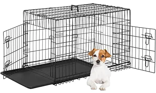 Black metal dog crate with double doors and divider panel for small breeds