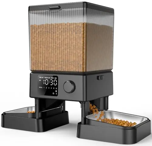 oneisall automatic cat feeder with dual bowls for 2 cats, featuring voice recording and 5L capacity to prevent fights