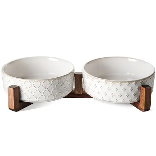 LE TAUCI ceramic dog bowls with acacia wood stand, in a clover and firework pattern