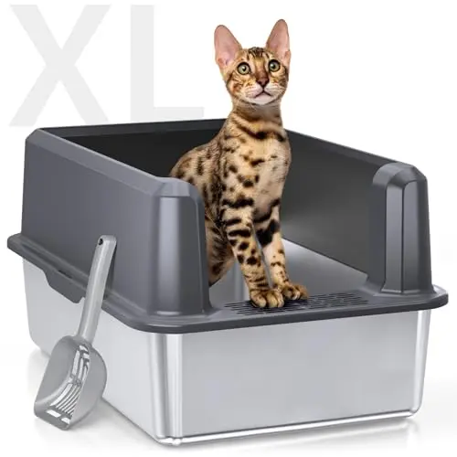WoofiGo Enclosed Stainless Steel XL Cat Litter Box with lid