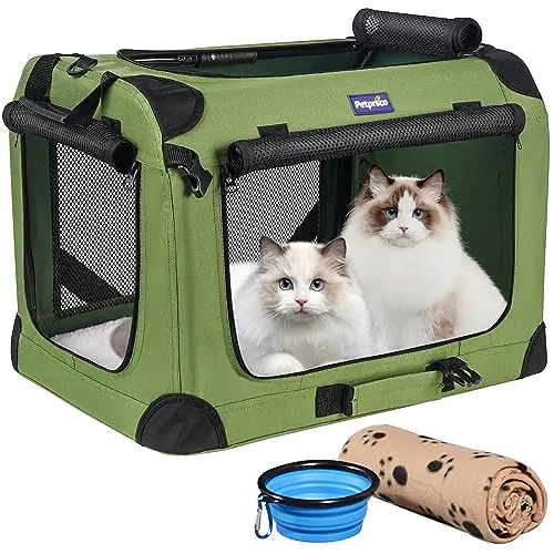 Petprsco green large soft-sided cat carrier with mesh windows, shown with a warm blanket and foldable bowl.