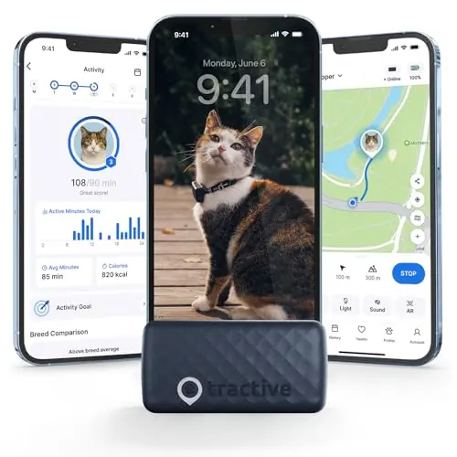 TRACTIVE dark blue GPS tracker unit attached to a breakaway cat collar