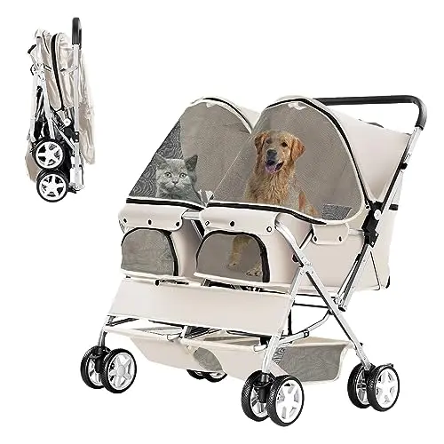 Double pet stroller with steel frame and two seats for dogs and cats