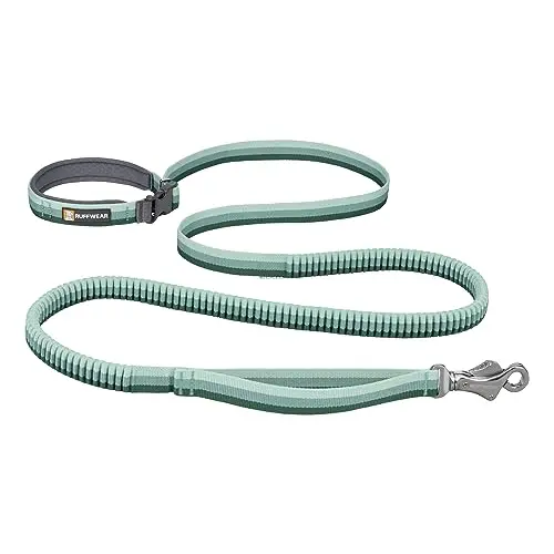 Ruffwear Roamer Bungee Dog Leash in River Rock Green, showing the adjustable padded handle and swivel clip