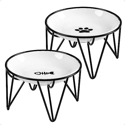 Kitwinney ceramic cat bowls with fishbone and paw prints on a black metal stand