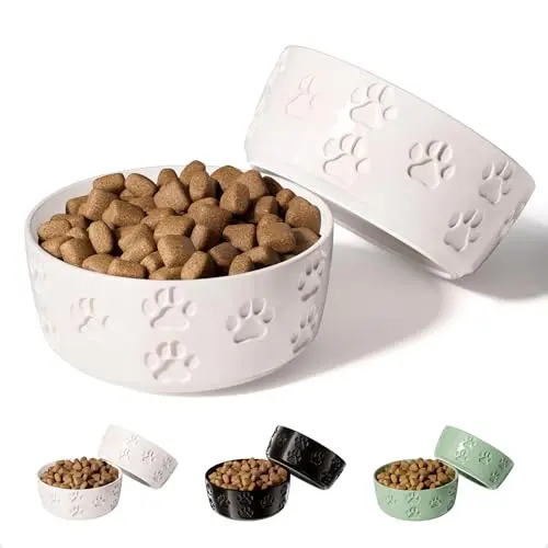 HB Design Co. white ceramic dog bowls with paw prints and non-slip rubber ring