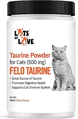 FELO taurine powder supplement for cats in a 16-ounce container with scoop