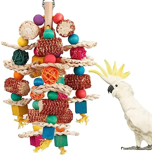 LOVYOCOCO bird chew toys made from natural corn cob with wooden blocks and beads