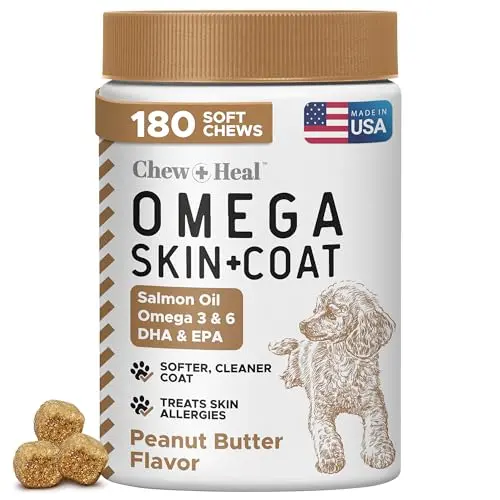 Chew + Heal omega-3 chews for dogs with peanut butter flavor in a jar