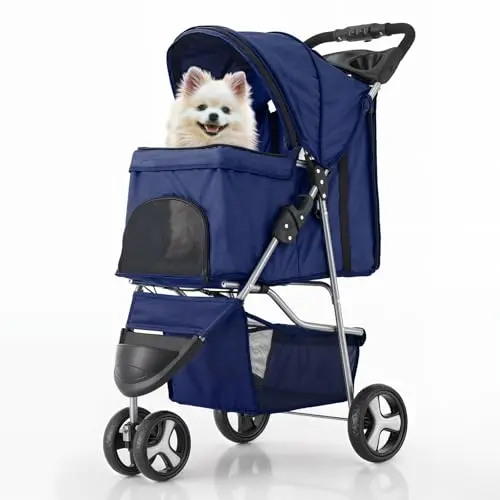 MoNiBloom blue 3-wheel pet stroller with weather cover and storage basket.