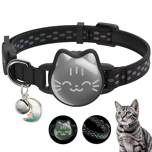 TYPECASE black cat collar with reflective fish pattern and hidden AirTag holder
