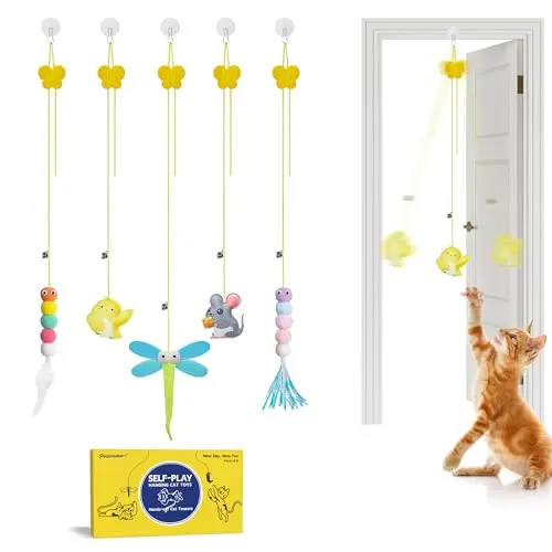 Potaroma set of five hanging feather and bell cat toys with elastic ropes