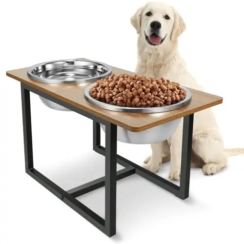 Spacnom elevated dog bowl stand with rustic wood top and iron frame