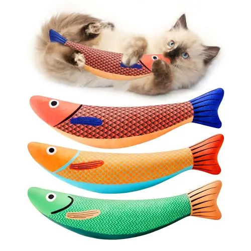 Potaroma three-pack of multicolored plush saury fish cat toys