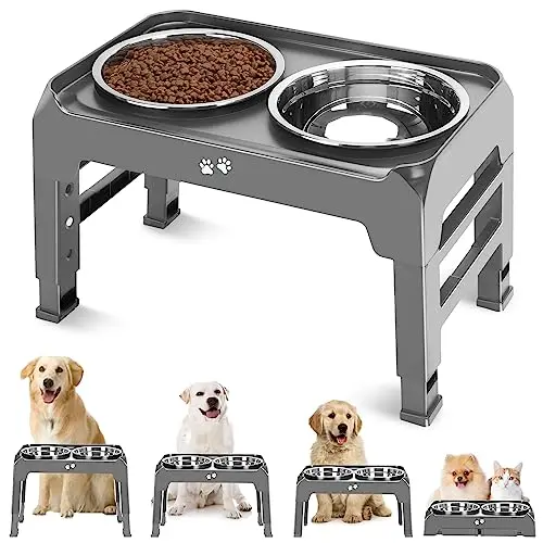 COMESOON adjustable height elevated dog bowl stand with stainless steel bowls in grey