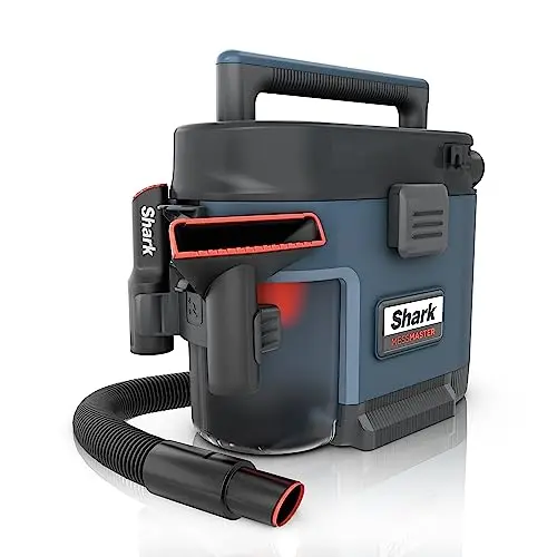 Shark MessMaster portable wet dry vacuum sitting upright with accessories