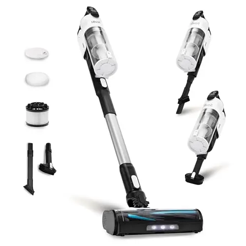 Levoit white cordless stick vacuum cleaner with pet tool attachment.