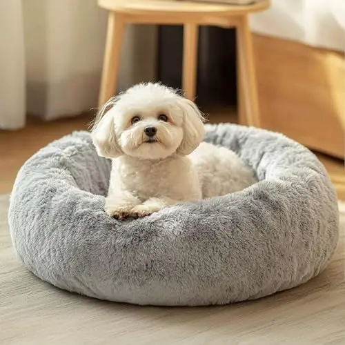 JOLLYVOGUE light grey round donut-shaped dog bed