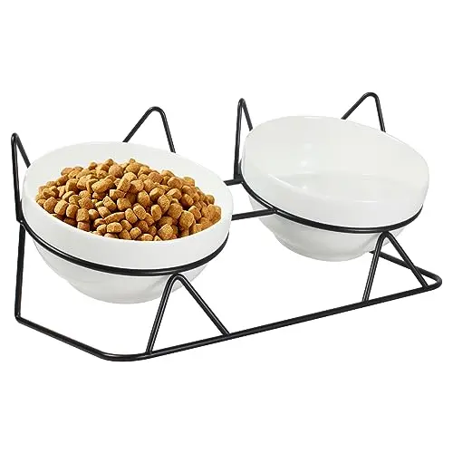 MCSAPIL black elevated cat feeder with a tilted shelf holding two white ceramic bowls.