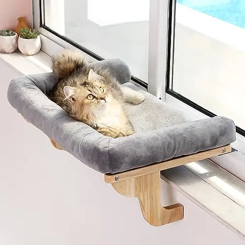 Zakkart cat window perch with a gray bolstered bed mounted on a wooden window sill