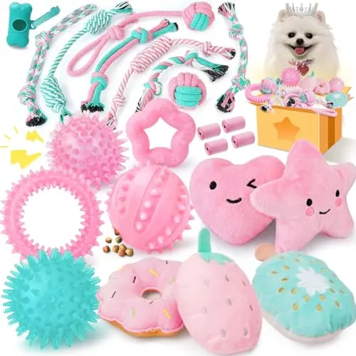 XIUGOAL pink and green 23-piece assortment of puppy chew toys, ropes, and a treat ball