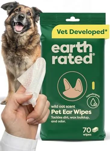 Earth Rated hypoallergenic ear wipes for dogs in a wild oat scented package