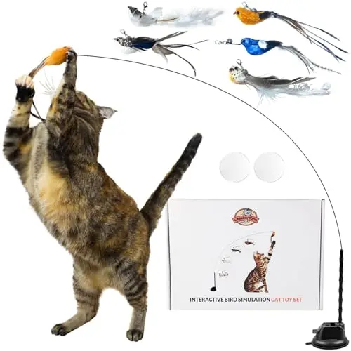 Whiskertons interactive bird simulation cat toy with suction base and replaceable birds