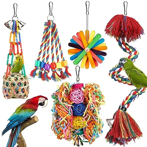 YIXUND bird toys set with rope perch, bells, and hanging chew toys in vibrant colors
