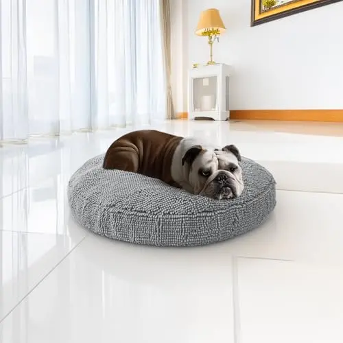 MUDDY MAT grey round chenille dog bed with removable cover