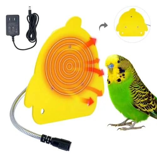 NAOEDEAH yellow bird heater pad attached to a cage bar
