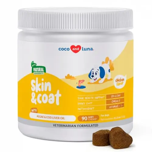 Coco and Luna omega-3 soft chews for dogs in a container