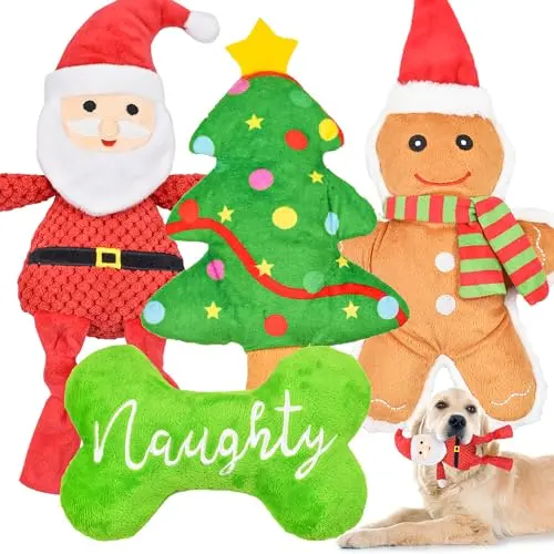 LECHONG 4-pack of Christmas plush dog toys including Santa, a gingerbread man, a tree, and a bone