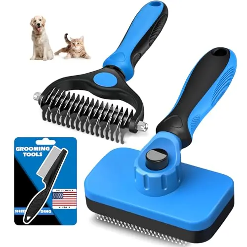 Augwind 3-piece pet grooming kit with slicker brush, rake, and flea comb in blue
