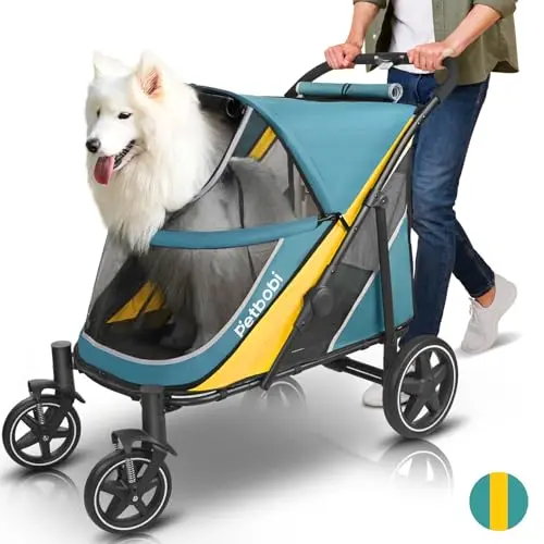 Petbobi green and yellow dog stroller with mesh windows and all-terrain wheels