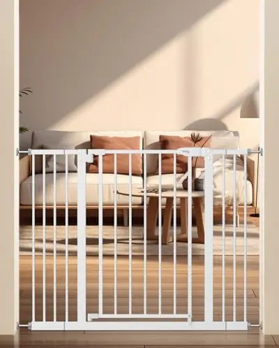 keny white metal auto-close pet gate installed in a doorway