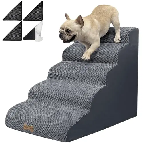 Necrely grey curved 5-step dog stairs with a washable cover.