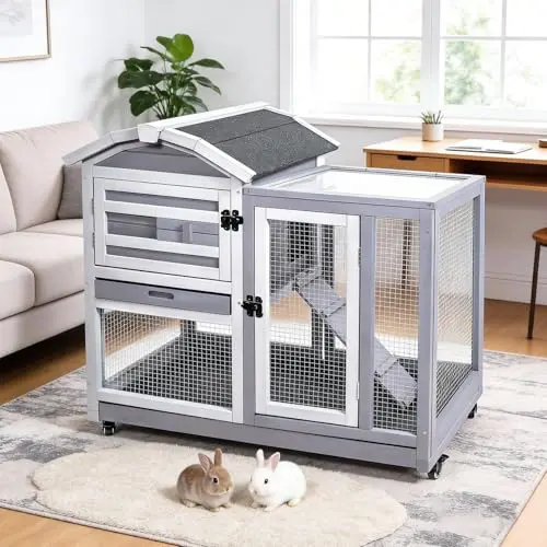 GEGURI wooden rabbit hutch with removable tray and ramp