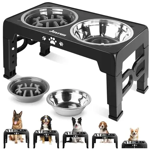 Jovrun adjustable elevated dog bowl stand with stainless steel and slow feeder bowls