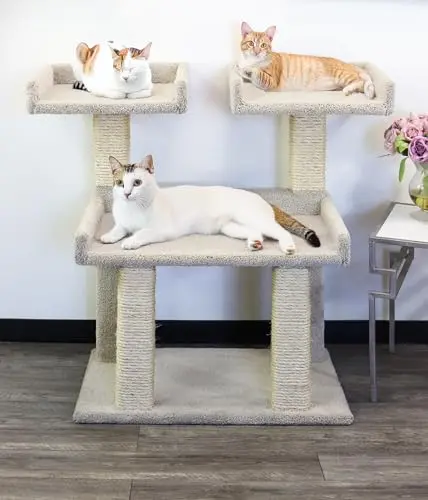 Prestige Cat Trees Maine Coon Deluxe Cat Perch in tan color with multiple plush platforms and sisal posts
