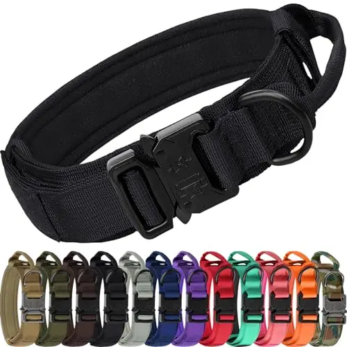 Joytale black tactical dog collar with a control handle, metal buckle, and Velcro patch panel