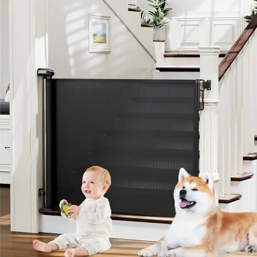 probebi black retractable mesh baby and dog gate extended across a hallway